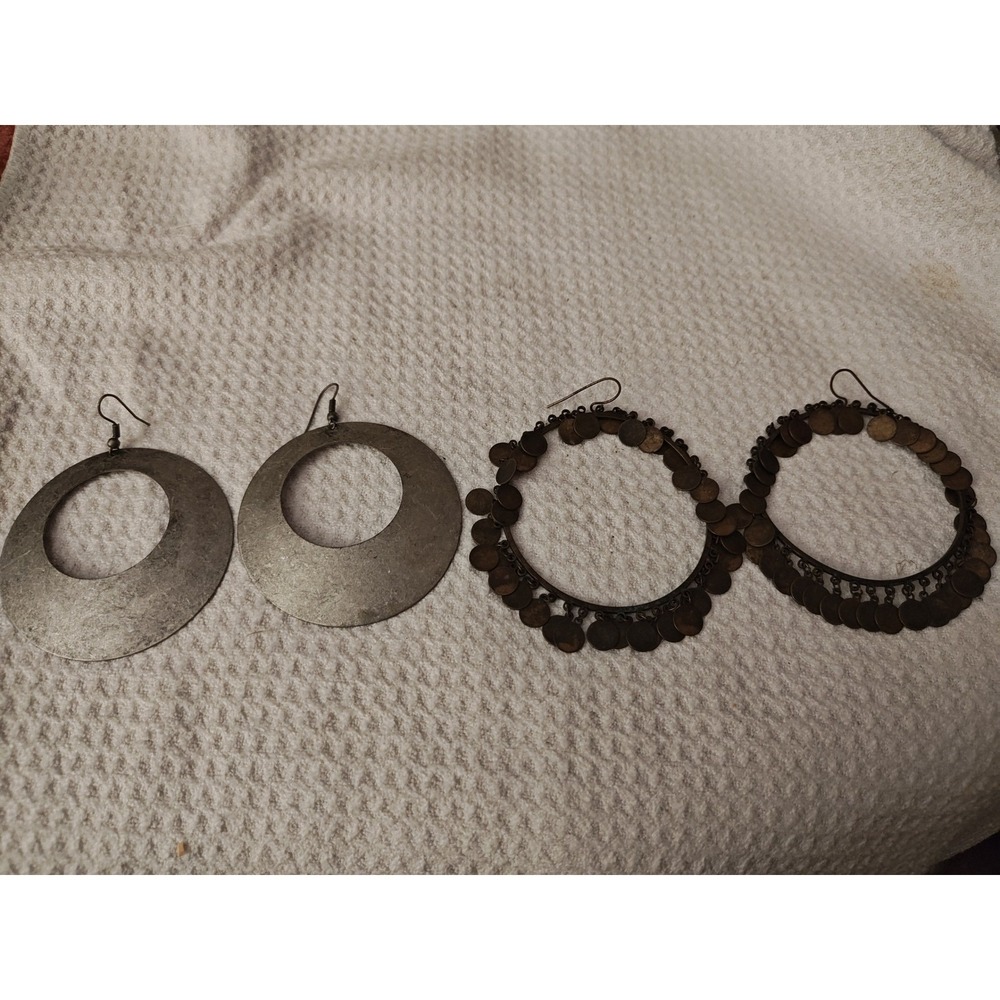 Hoop Earrings OS Bronze Silver Y2K Boho Coin Dangle Statement 2 Pairs